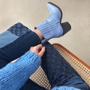 GANNI Callie Cowboy Western Crocodile Leather Boots in Heather Blue Size 10